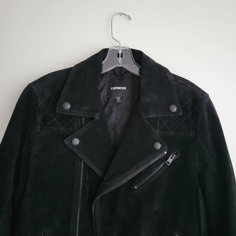 EXPRESS Genuine Black Suede Quilted Biker Bomber Moto Jacket Unisex - Picture 4 of 7